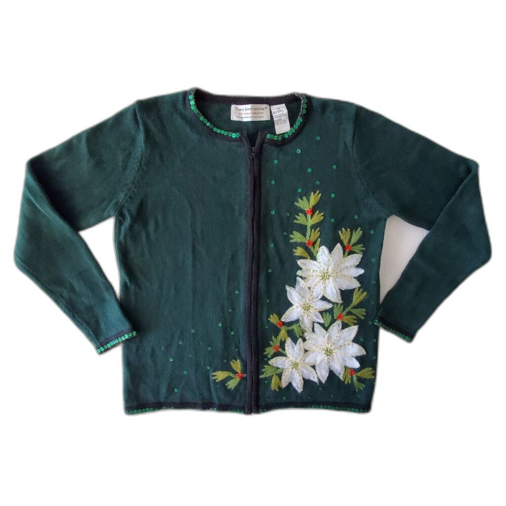 Christmas Sweater Embellished Poinsettia Zip Cardigan Tiara Int'l Sz M Holiday